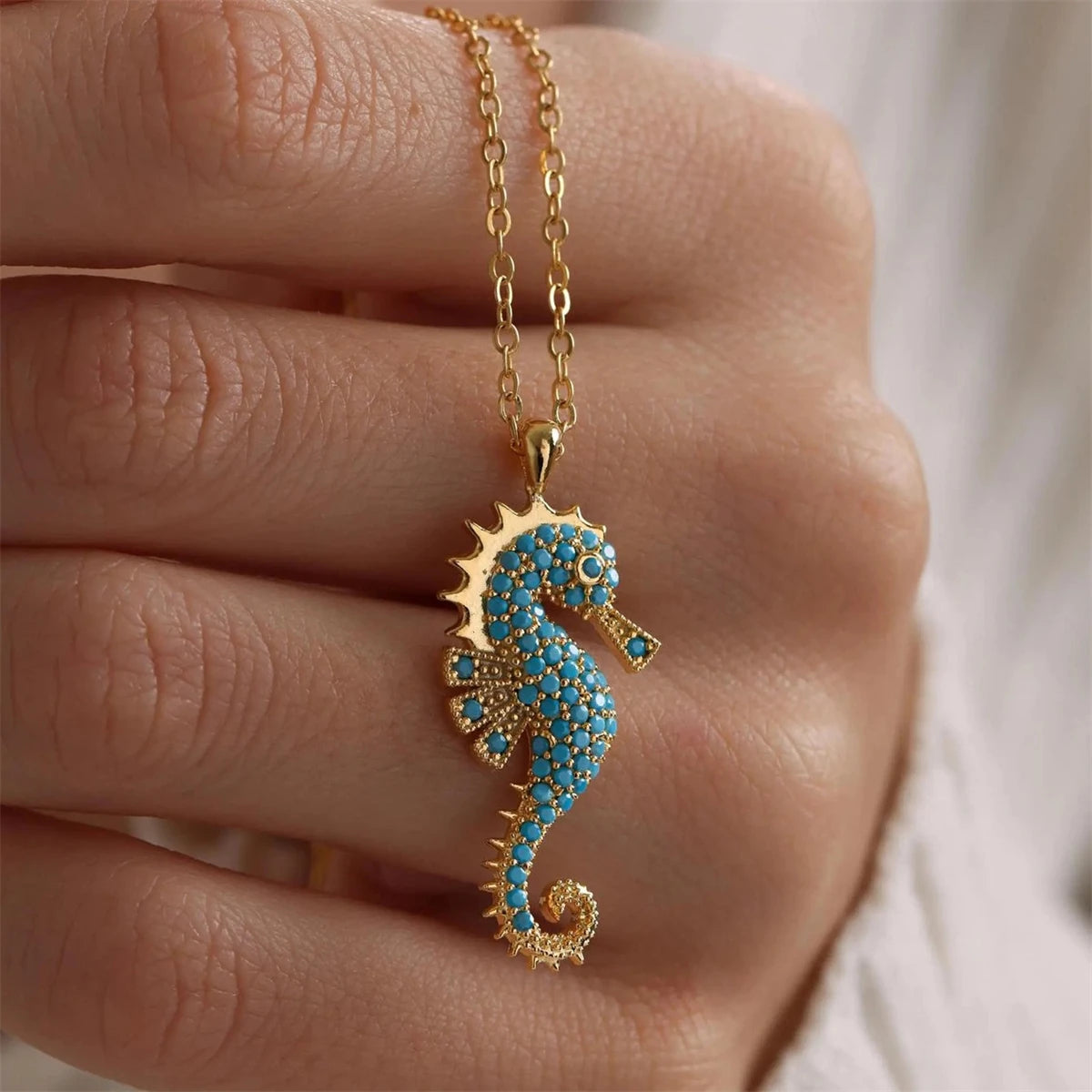 Ocean Seahorse Pendant Necklace Gold Plated With Turquoise