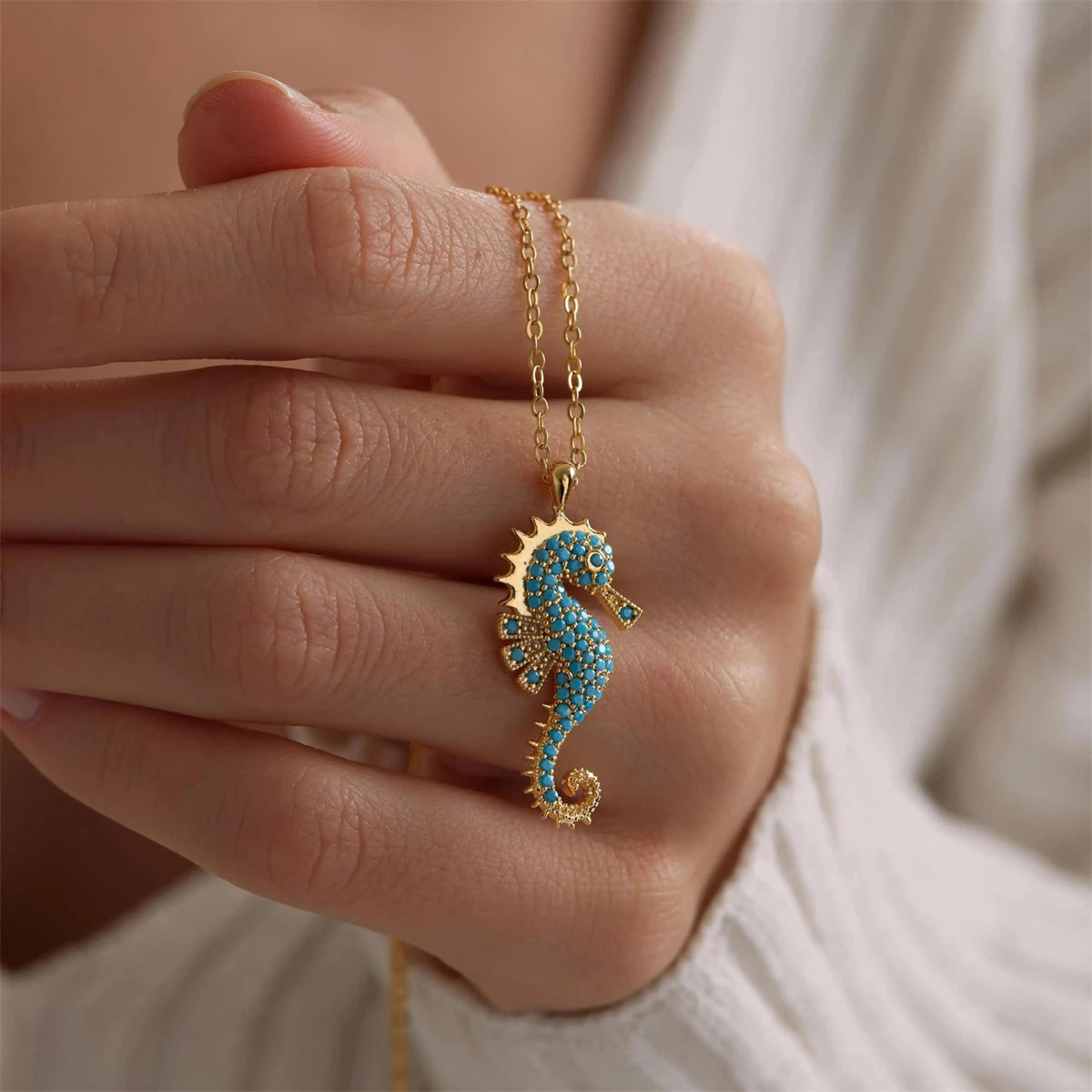 Ocean Seahorse Pendant Necklace Gold Plated With Turquoise