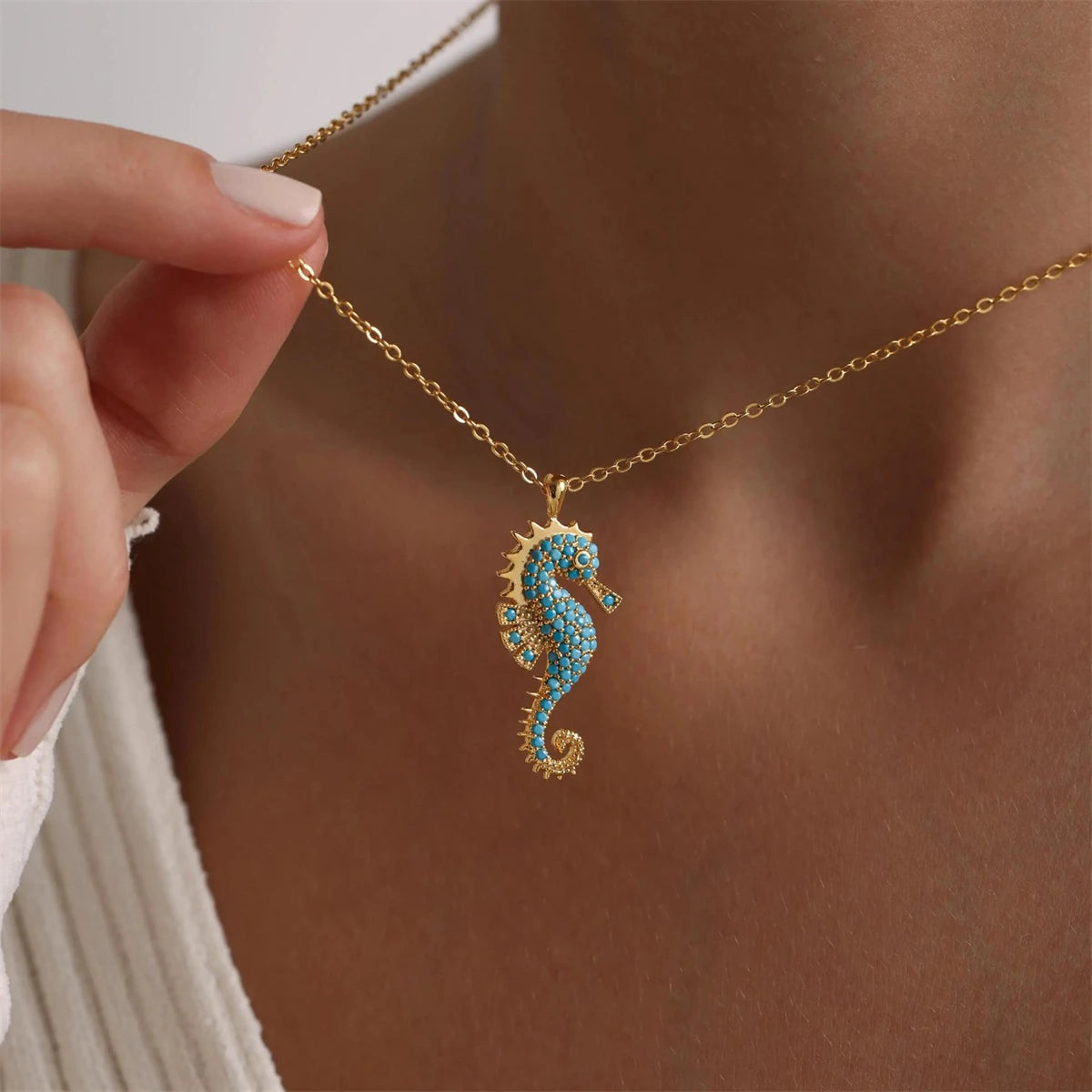 Ocean Seahorse Pendant Necklace Gold Plated With Turquoise