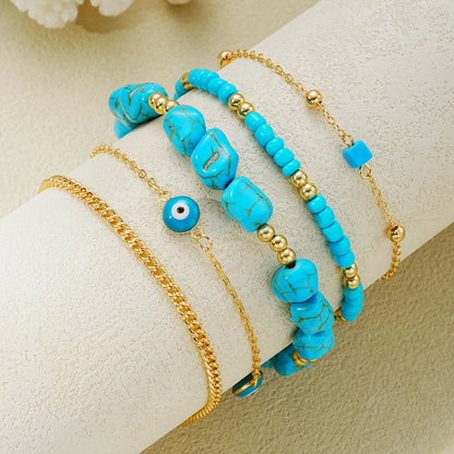 Boho Turquoise Evil Eye Anklets Set – 5pcs Multilayer Foot Chain Summer Beach Jewelry