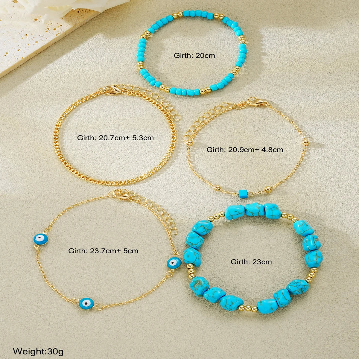 Boho Turquoise Evil Eye Anklets Set – 5pcs Multilayer Foot Chain Summer Beach Jewelry