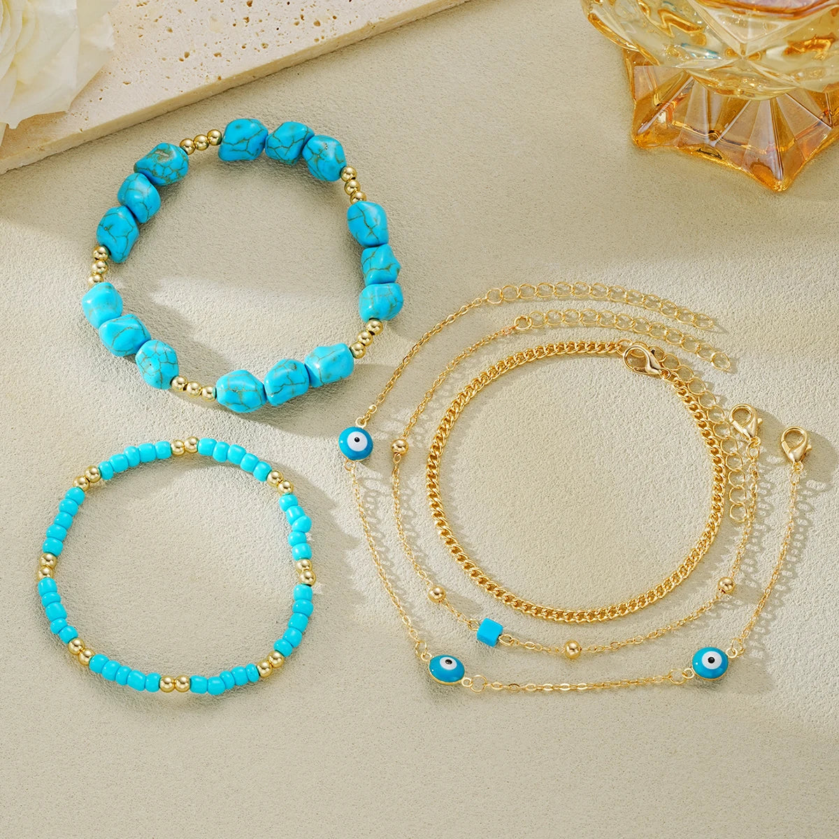 Boho Turquoise Evil Eye Anklets Set – 5pcs Multilayer Foot Chain Summer Beach Jewelry