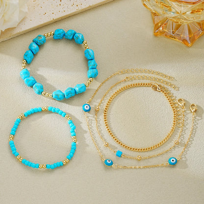 Boho Turquoise Evil Eye Anklets Set – 5pcs Multilayer Foot Chain Summer Beach Jewelry