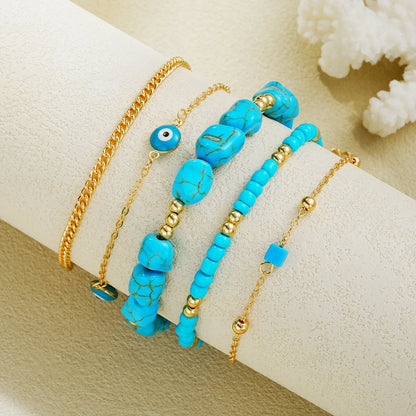 Boho Turquoise Evil Eye Anklets Set – 5pcs Multilayer Foot Chain Summer Beach Jewelry