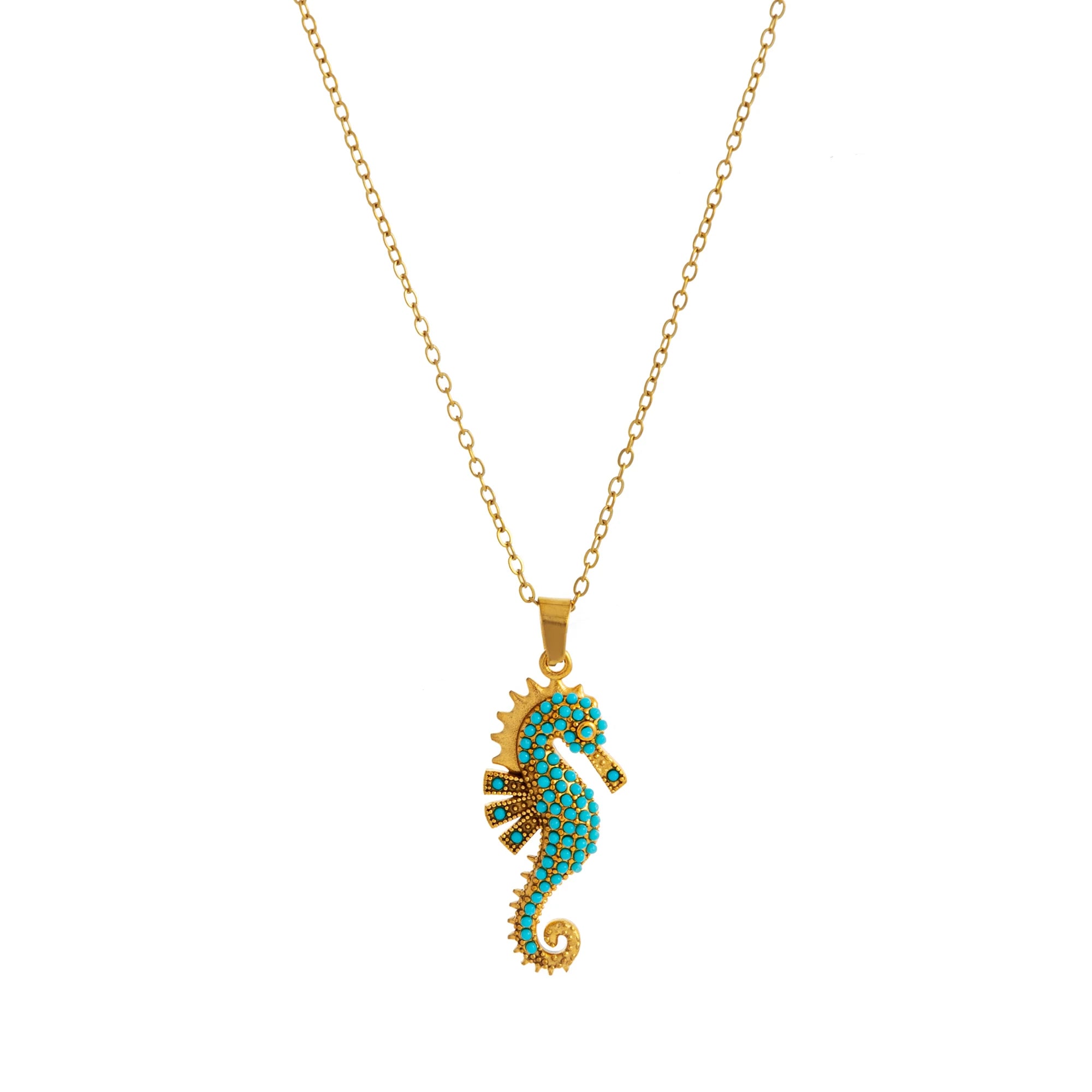Ocean Seahorse Pendant Necklace Gold Plated With Turquoise