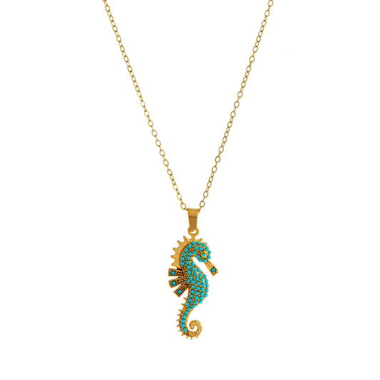 Ocean Seahorse Pendant Necklace Gold Plated With Turquoise