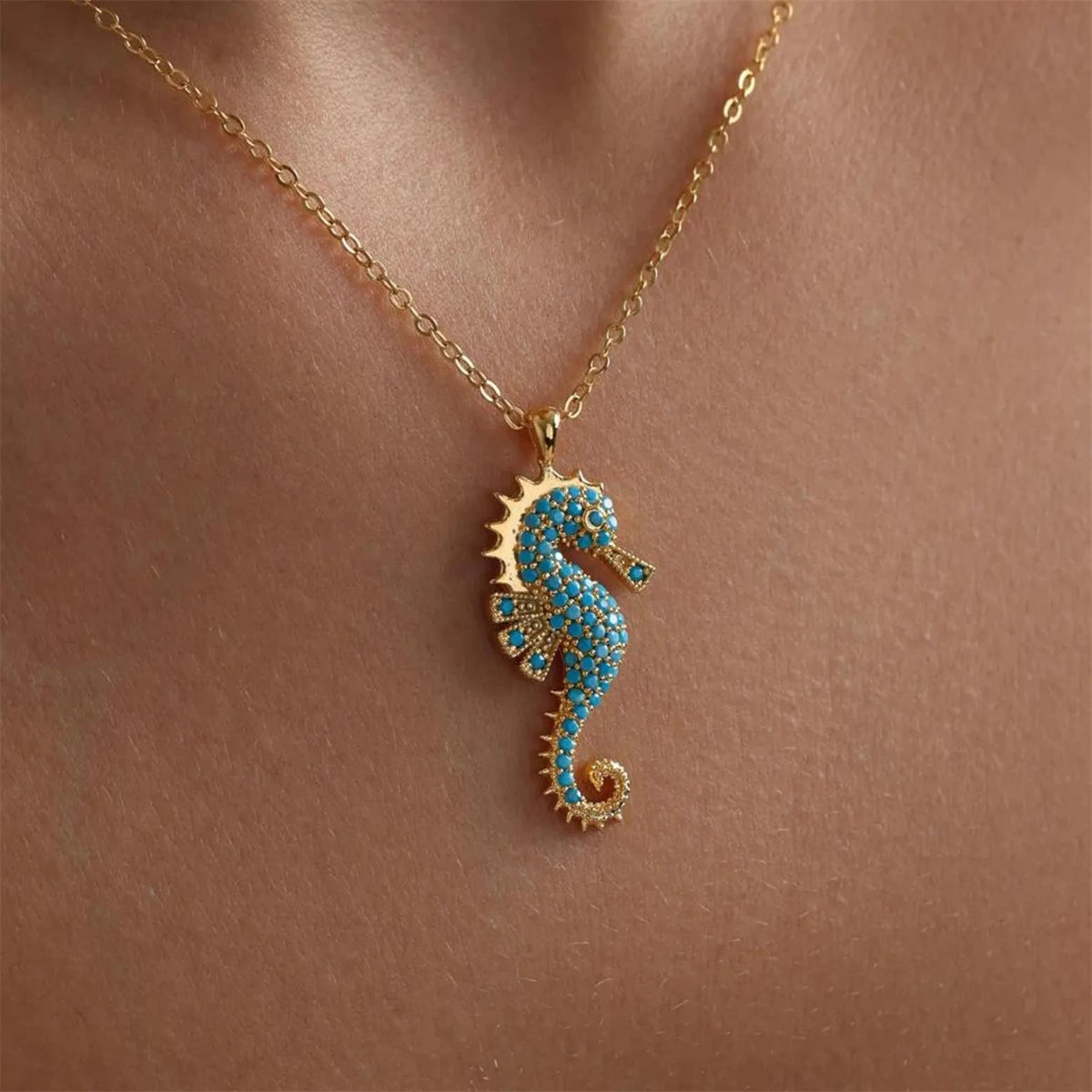 Ocean Seahorse Pendant Necklace Gold Plated With Turquoise